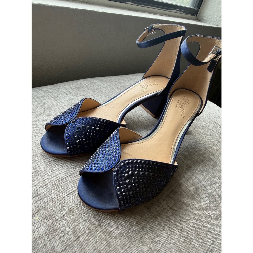 Jewel Badgley Mischka Navy Blue Satin Crystal Block Heel Sandals Size 7.5
